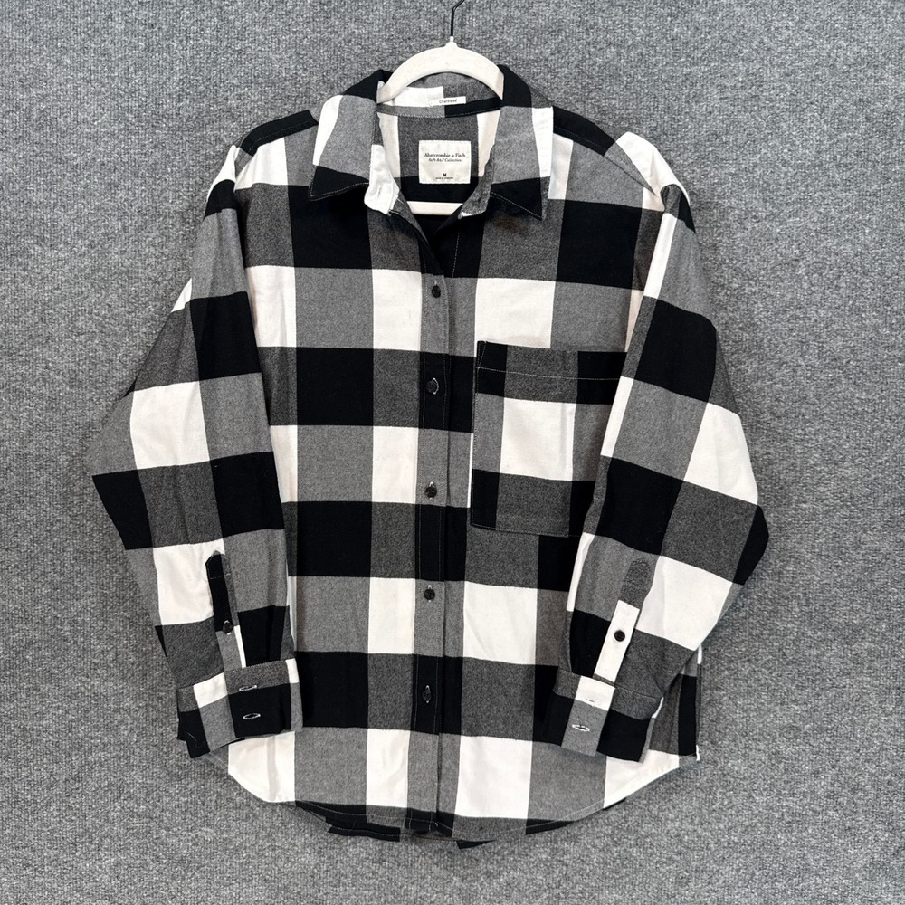 Abercrombie & Fitch Shirt Women Medium Black Buffalo Plaid Flannel Oversized